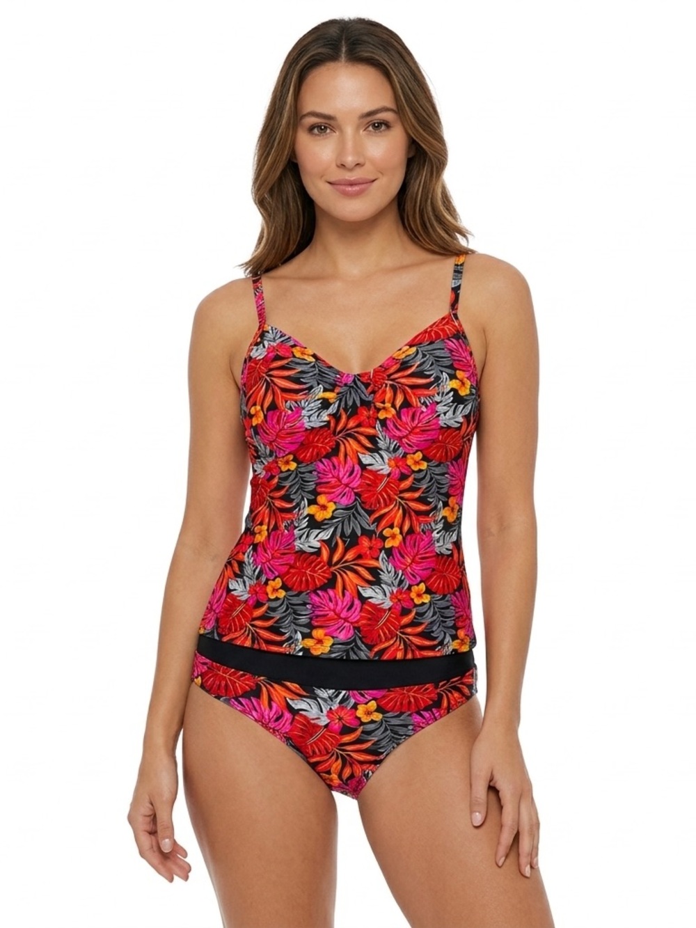 Heat Tropical Floral Tankini Bikini Set Black Pink Twist Front Size Small NWT